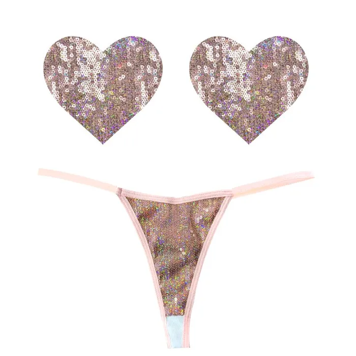 Bubbly Feels Nude Sequin Pantie Heart Pastie Set Neva Nude Anal