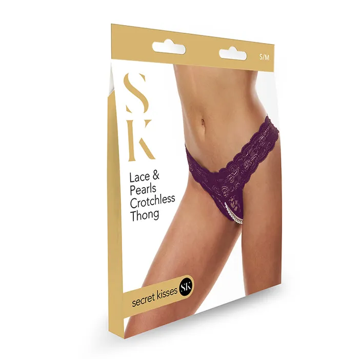 Teddies And Bodies | Secret Kisses Secret Kisses Lace & Pearls Crotchless Thong - Purple - S/M Size