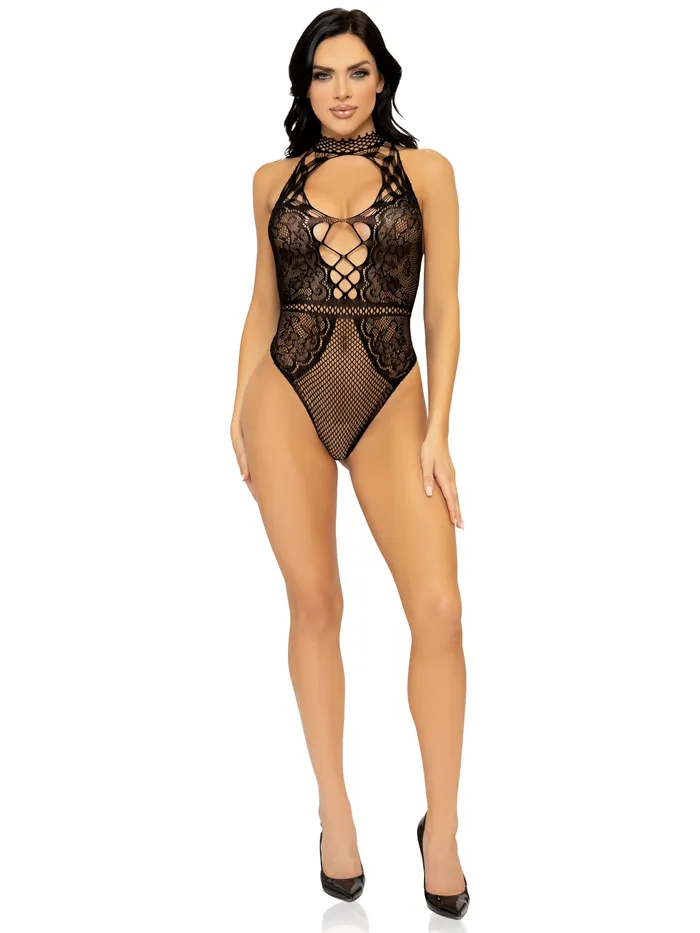 Teddies And Bodies | Leg Avenue Net and Lace Keyhole Halter Bodysuit - One Size