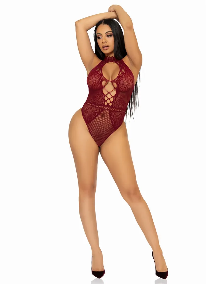 Teddies And Bodies | Leg Avenue Net and Lace Keyhole Halter Bodysuit - One Size