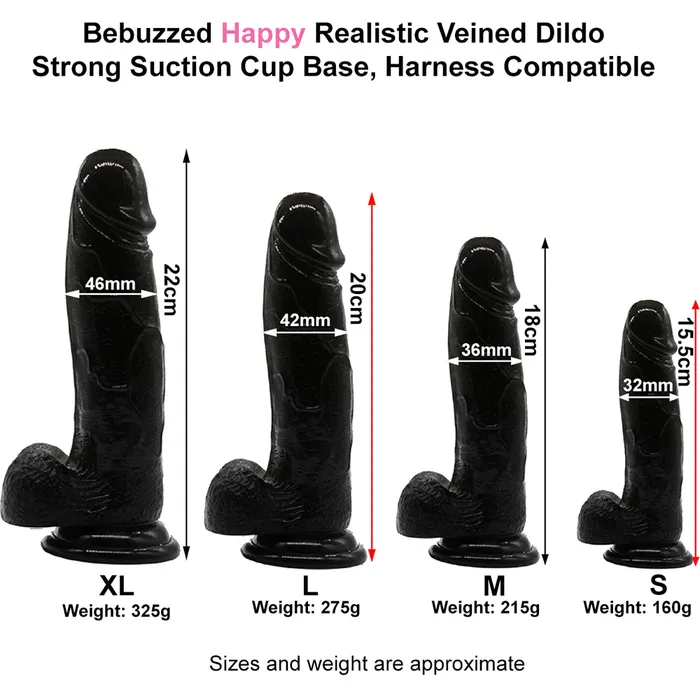 BeBuZZed Female Sex Toys Bebuzzed Happy 8 Realistic Dildo Veined Balls Suction Cup Black