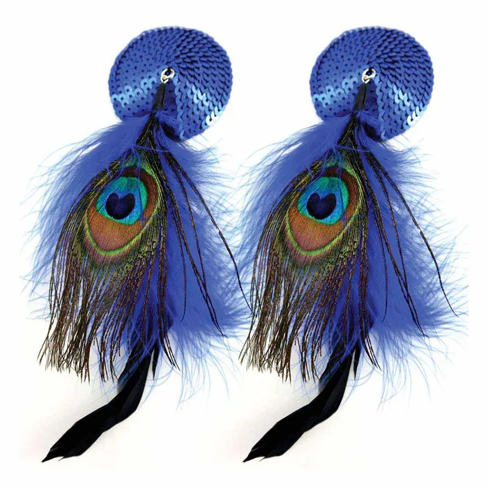 Bijoux de Nip Vibrators Bijoux de Nip Round Blue Sequin Pasties w Feathers