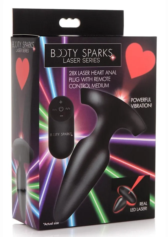 Booty Sparks Laser Heart Rechargeable Silicone Anal Plug with Remote Control Medium Black with Red Lights Booty Sparks Male Sex Toys