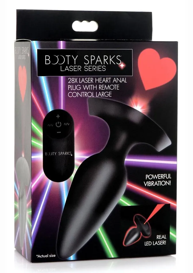 Booty Sparks Male Sex Toys Booty Sparks Laser Heart Rechargeable Silicone Anal Plug with Remote Control Large Black with Red Lights