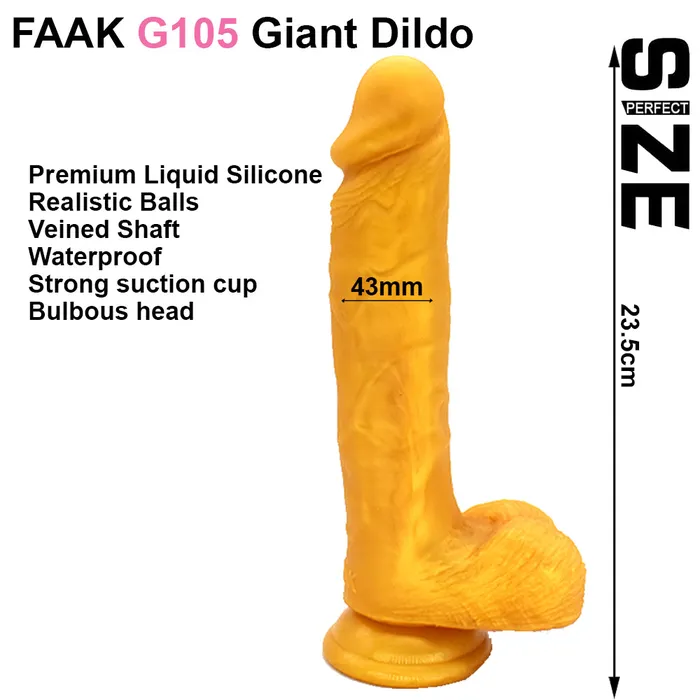 FAAK FAAKG105 23cm Large Realistic Veined Dildo Liquid Silicone Gold Female Sex Toys