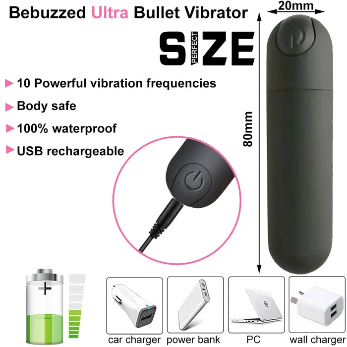 Female Sex Toys Bebuzzed Ultra Bullet Powerful Vibrator USB Black BeBuZZed