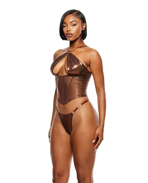 Forplay INC Female Sex Toys Liquid Metal Metallic Mesh Bustier Set Copper Medium