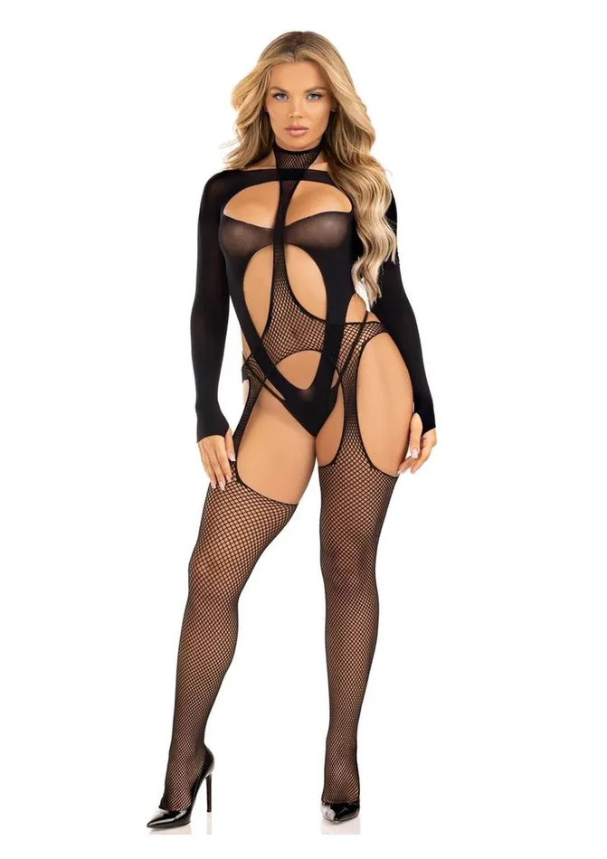 Leg Avenue Bodystockings Playsuits Leg Avenue Fishnet Halter Suspender Bodystocking and Layered Opaque CutOut Teddy