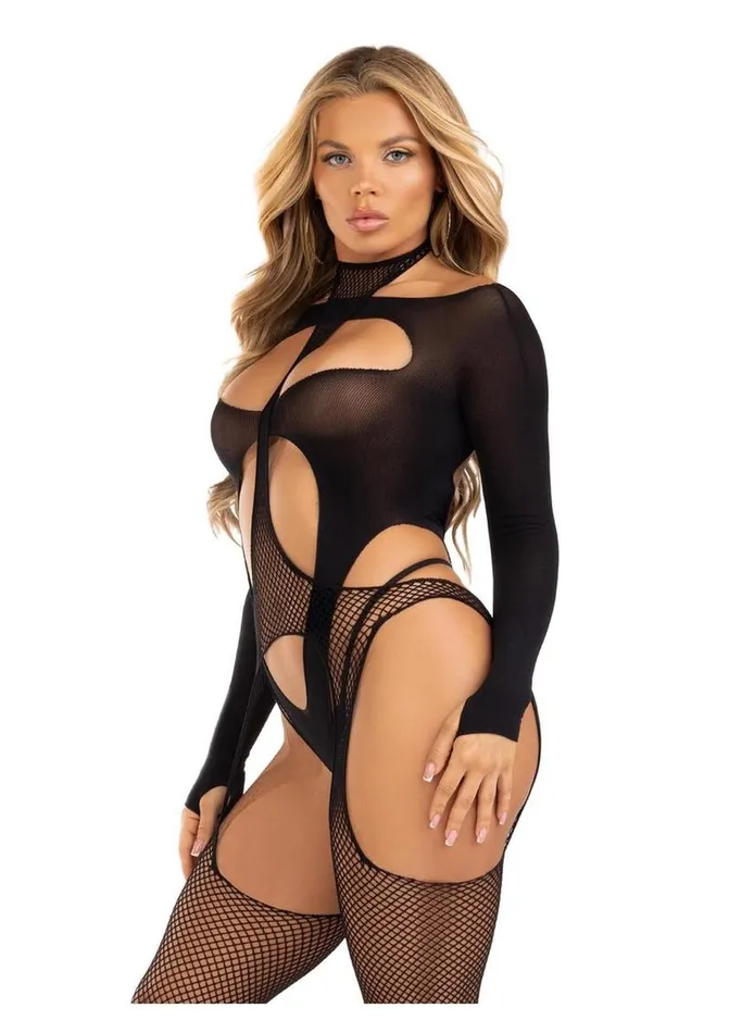 Leg Avenue Bodystockings Playsuits Leg Avenue Fishnet Halter Suspender Bodystocking and Layered Opaque CutOut Teddy