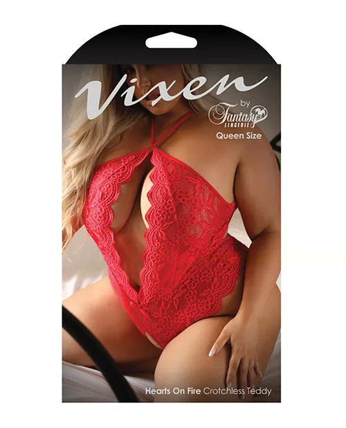 Plus Size Fantasy Lingerie Plus Size Hearts on Fire Red Crotchless Teddy