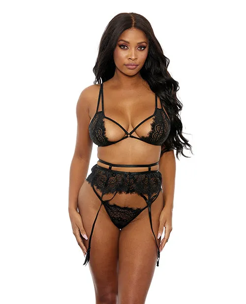 Popsi Lingerie Anal Black Lace Bra Garter Panty Set Large