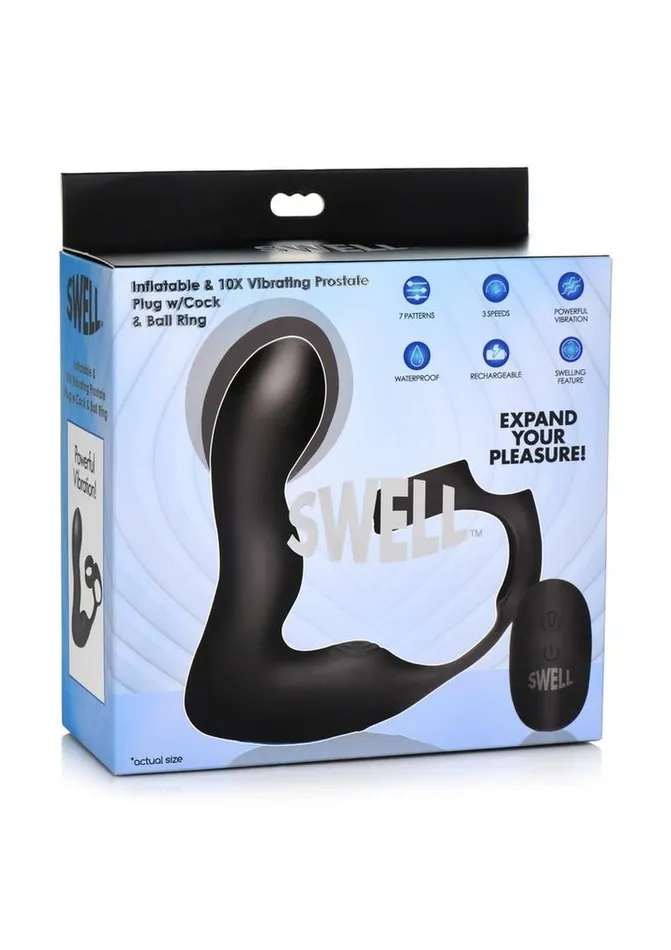 SWELL Male Sex Toys Swell Rechargeable Silicone Inflatable 10x Vibrating Prostate Plug with Cock and Ball Ring and Remote Control