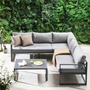 Albany Aluminium Corner Sofa Set With Reclining Back And Coffee Table, Grey Garden