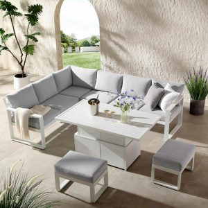 Albany Aluminium Large Corner Casual Dining Set With Rising Table, White Garden