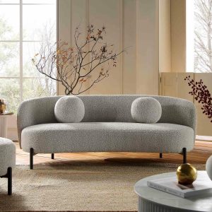 Amboise 3-Seater Curved Sofa With Ball Cushions, Mist Grey Boucle Sofas