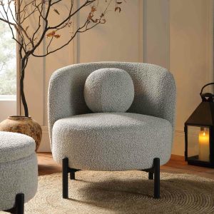 Amboise Armchair With Ball Cushion, Mist Grey Boucle Armchairs