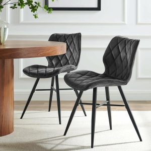 Ampney Velvet Diamond Stitch Set Of 2 Dining Chairs With Metal Legs (Dark Grey Velvet) Dining