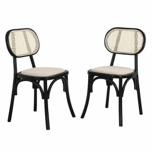 Anya Set Of 2 Cane Rattan And Upholstered Dining Chairs In Black Dining