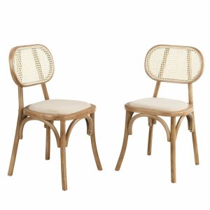 Anya Set Of 2 Cane Rattan And Upholstered Dining Chairs In Natural Dining