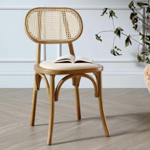 Anya Set Of 2 Cane Rattan And Upholstered Dining Chairs, Light Walnut Dining