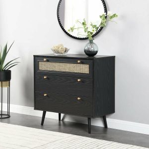 Anya Woven Rattan 3 Drawer Dresser In Black Bedroom