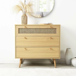 Anya Woven Rattan 3 Drawer Dresser In Natural Bedroom