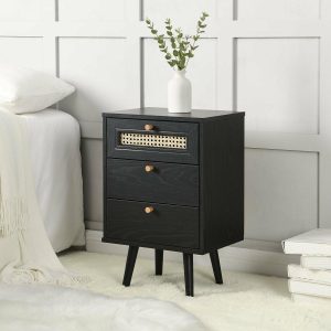 Anya Woven Rattan 3-Drawer Nightstand In Black Bedroom