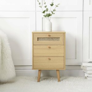 Anya Woven Rattan 3-Drawer Nightstand In Natural Bedroom