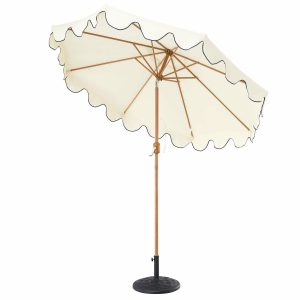 Beige 2.6M Octagonal Crank And Tilt Parasol With Navy Scalloped Edge Accessories