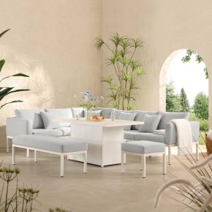 Calabasas Large Outdoor Fabric And Aluminium Corner Casual Dining Set With Rising Table, Light Grey Corner Dining Sets