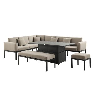 Calabasas Large Outdoor Fabric And Aluminium Corner Casual Dining Set With Rising Table, Taupe Corner Dining Sets