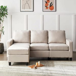 Campbell 3 Seater Sofa With Reversible Chaise In Beige Woven Fabric Sofas