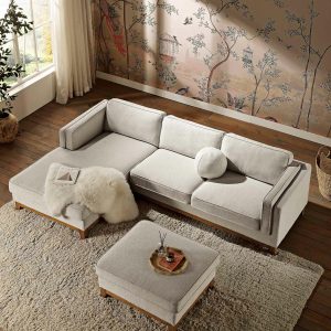 Dipley Oatmeal Woven Fabric Sofa, Grande Chaise Sofa Left Hand Sofas