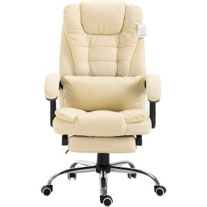 Executive Reclining Computer Desk Chair With Footrest, Headrest And Lumbar Cushion Support Furniture, Mr34 Cream Pu Leather Desk Chairs