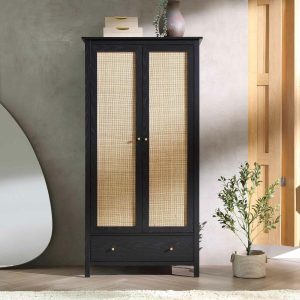 Frances Rattan Double Closet With 1 Drawer, Black Bedroom