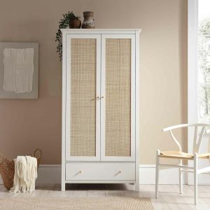 Frances Rattan Double Closet With 1 Drawer, White Bedroom