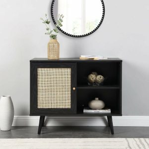 Frances Woven Rattan 1-Door Cabinet In Black Cabinets And Sideboards