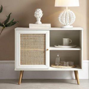 Frances Woven Rattan 1-Door Cabinet In White Cabinets And Sideboards