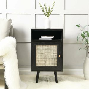 Frances Woven Rattan 1-Door Nightstand In Black Bedroom