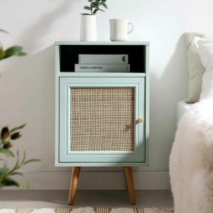 Frances Woven Rattan 1-Door Nightstand In Mint Bedroom