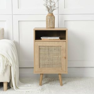 Frances Woven Rattan 1-Door Nightstand In Natural Bedroom