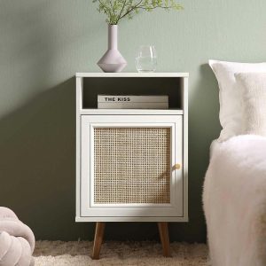 Frances Woven Rattan 1-Door Nightstand In White Bedroom