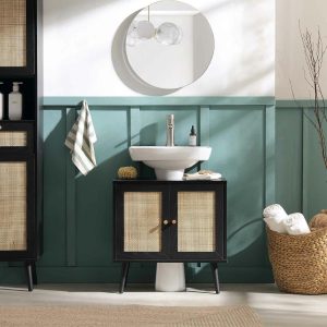 Frances Woven Rattan 2-Door Bathroom Undersink Cabinet, Black Cabinets And Sideboards