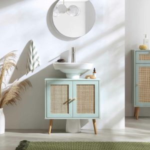 Frances Woven Rattan 2-Door Bathroom Undersink Cabinet, Mint Green Cabinets And Sideboards