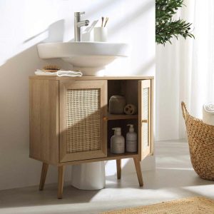 Frances Woven Rattan 2-Door Bathroom Undersink Cabinet, Natural Cabinets And Sideboards