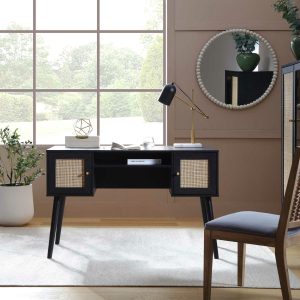 Frances Woven Rattan 2-Door Desk, Black Desks