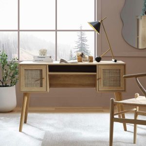 Frances Woven Rattan 2-Door Desk, Natural Desks