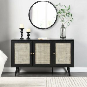 Frances Woven Rattan 3-Door Sideboard In Black Cabinets And Sideboards