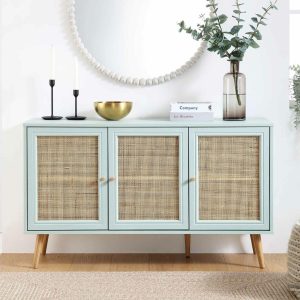 Frances Woven Rattan 3-Door Sideboard, Mint Cabinets And Sideboards