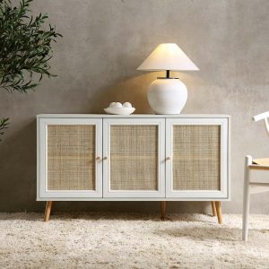 Frances Woven Rattan 3-Door Sideboard, White Cabinets And Sideboards